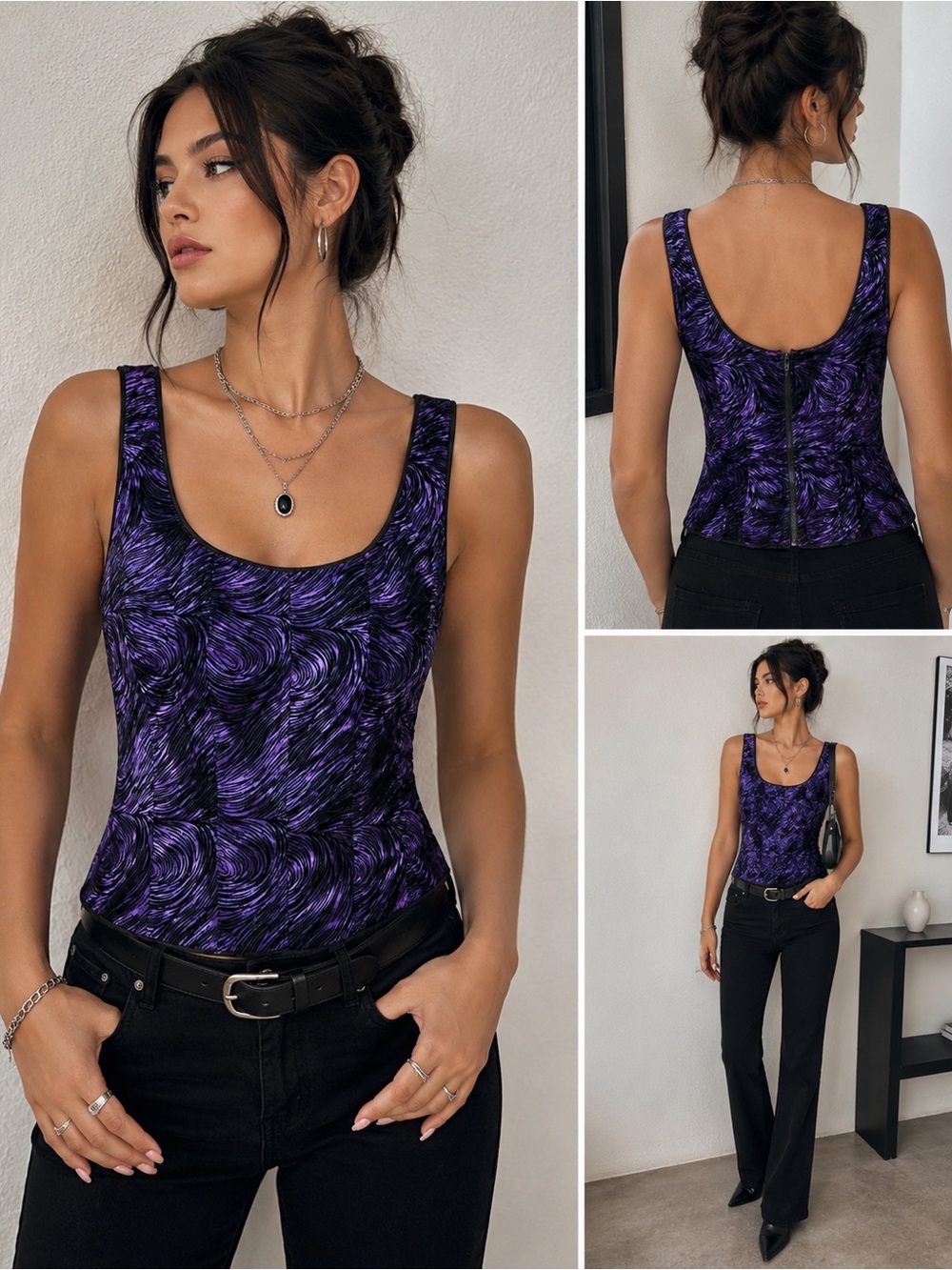 Cache Vintage Y2K Purple Black Velvet Burnout Corset Tank Top Zip Back M